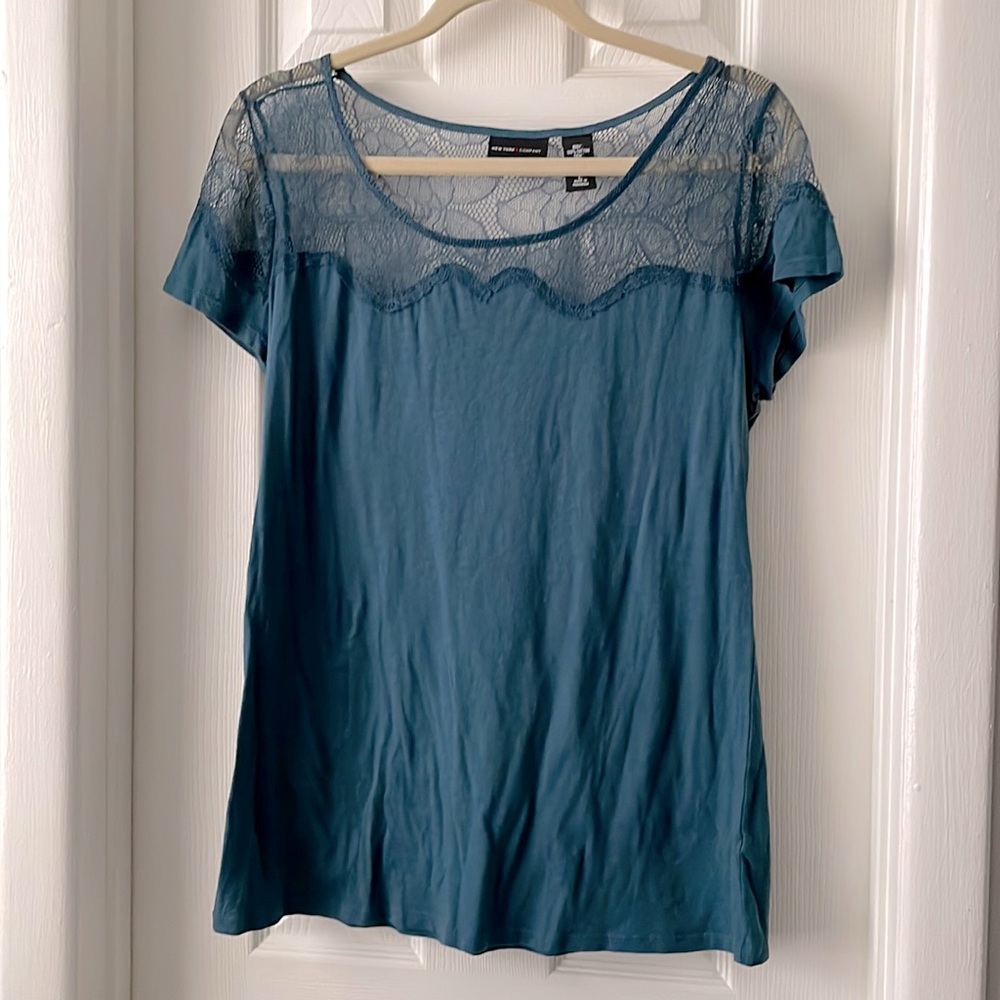 New York and Company teal cotton lace top sweetheart basic top shirt large